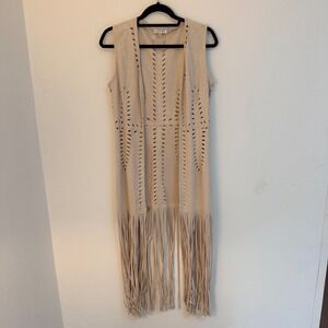 Adore Women S Tan Faux Suede Laser Cut Long Fringe Vest Boho‎ Western Festival